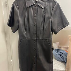 Black Faux Leather Button-Up Dress